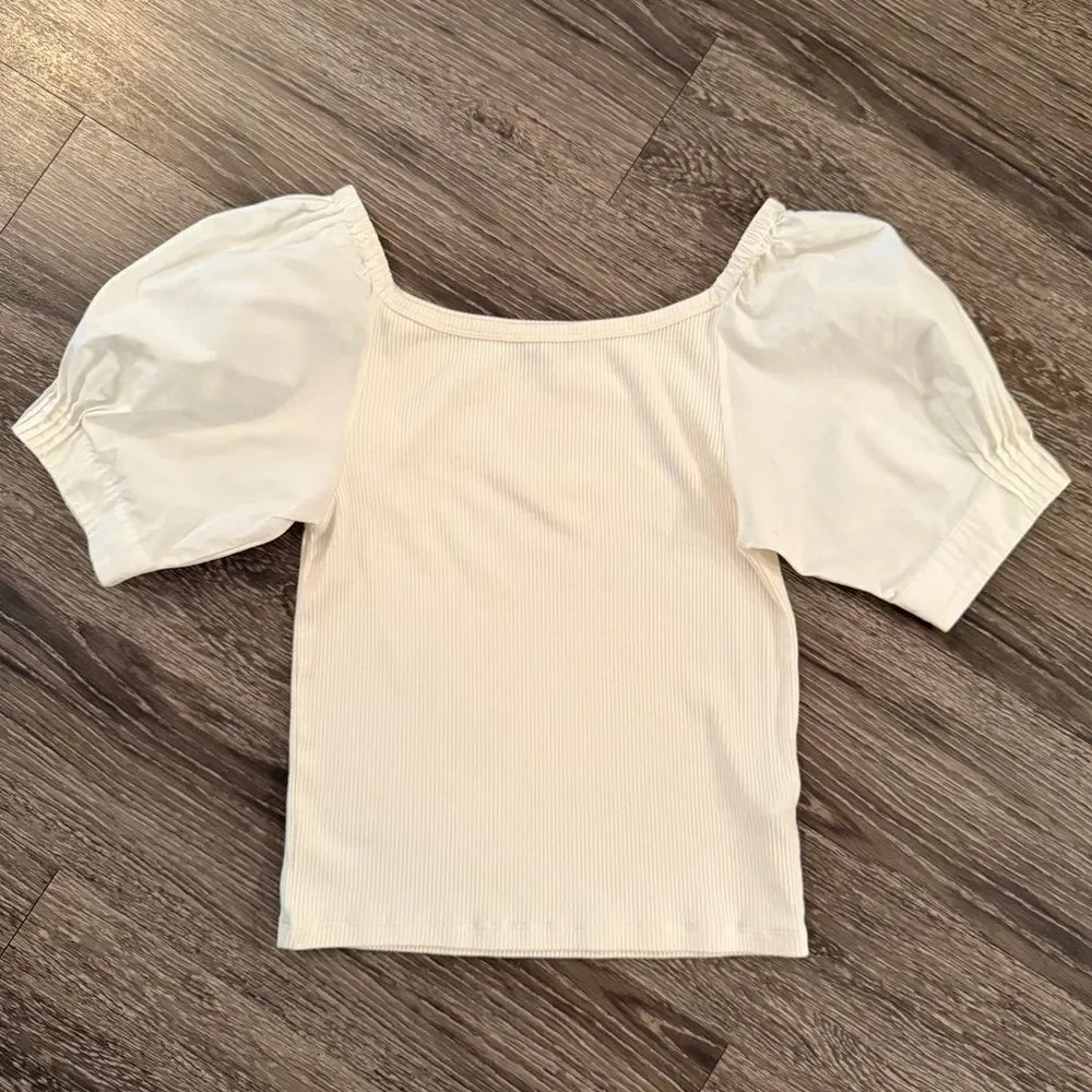 J. Crew Vintage rib top with cotton poplin puff sleeves